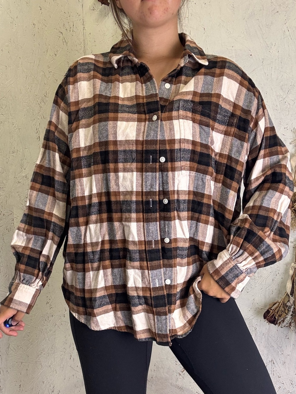 Aerie Cozy Flannel Brown Orange Oversized Button Down Size Small
